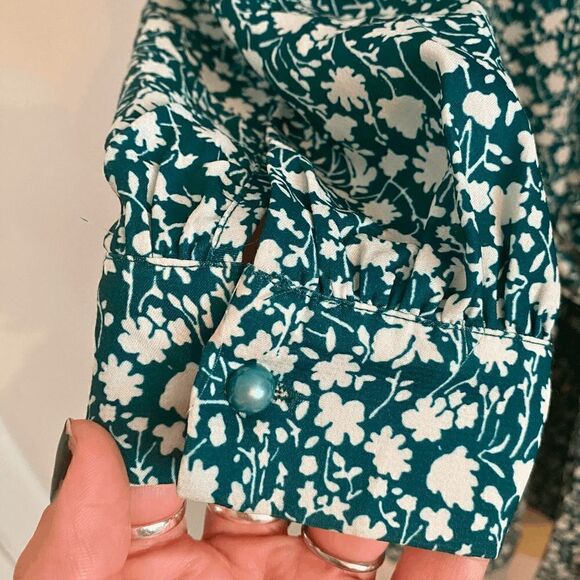 Like New Ruched Mock Neck White Floral Print Teal Midi Dress - Picture 7 of 11
